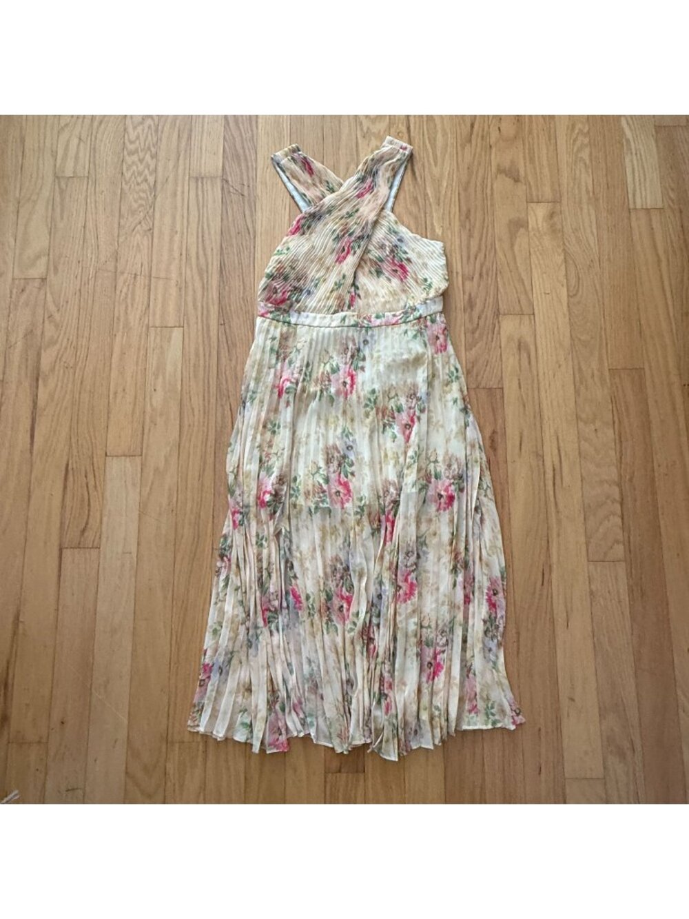 NWT Ted Baker Women's 4 Yellow Tan Floral Cross Front Chiffon Pleated Midi Dress